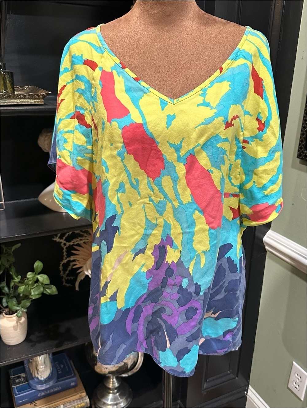 Tibi 100% Silk Slit‑Sleeve Abstract Artsy Blouse Size 6